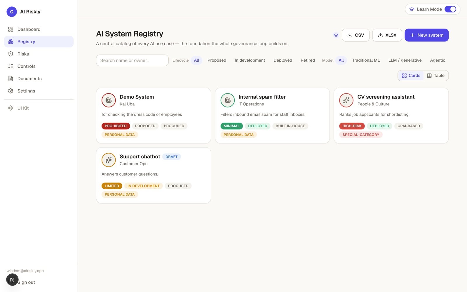 AI Riskly AI System Registry — a catalog of AI use-cases with risk tiers, lifecycle and model-type filters, and CSV/XLSX export.