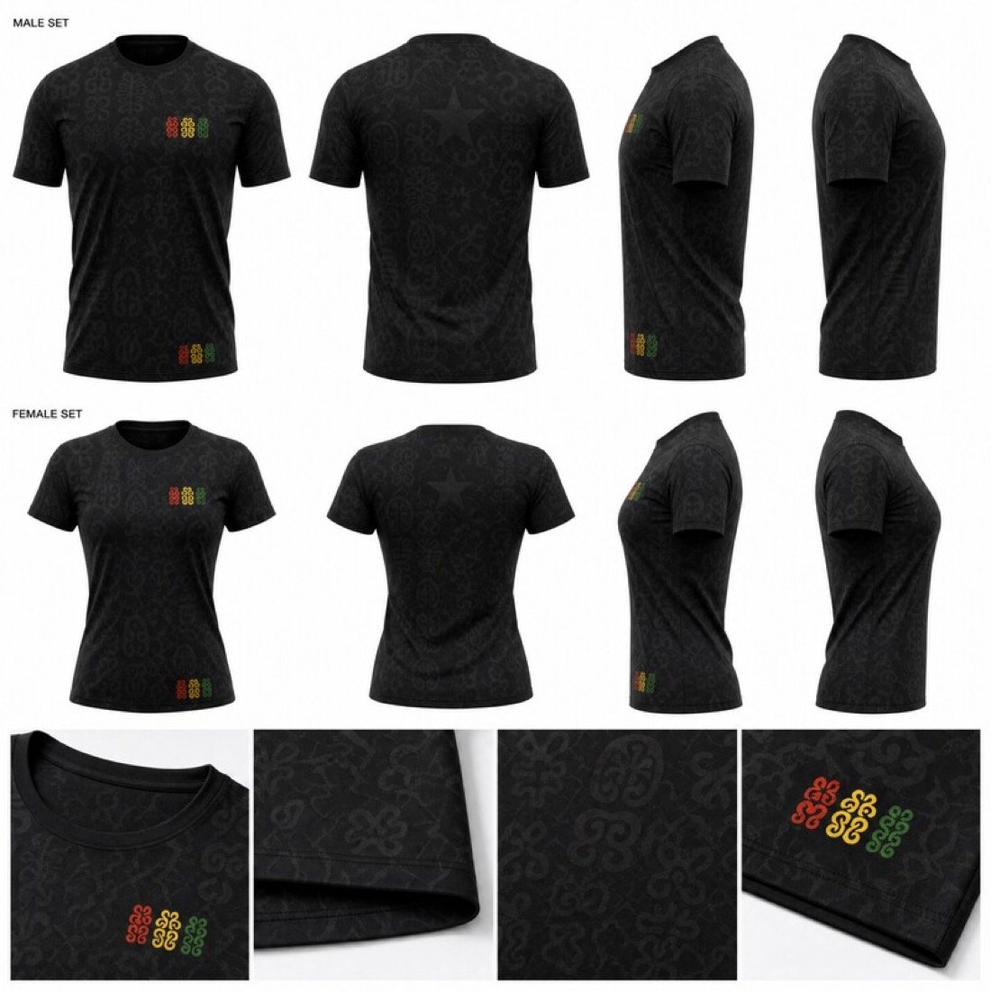 Ghana Kit Design Studio output — black adinkra-pattern kit, male and female sets with detail crops.